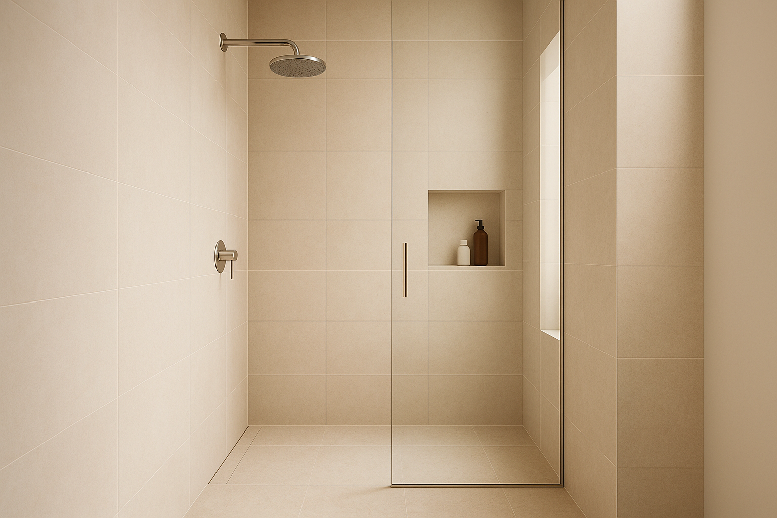 minimalist shower, using beige colours